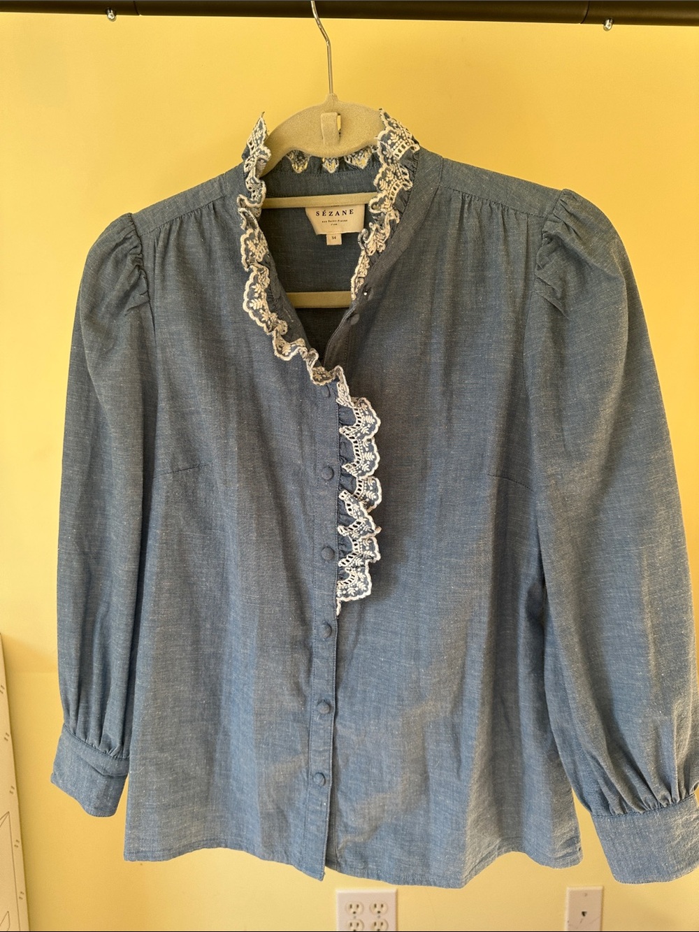 Sezane Chambray Lace-Trim Button-Up Blouse